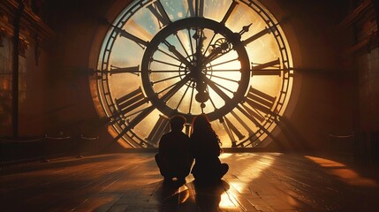 a giant clock with hands moving rapidly, but the couple sits serenely in its center, untouched by time, sharing a quiet moment 