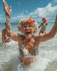 Senioren machen Strandurlaub, made by AI - obrazy, fototapety, plakaty