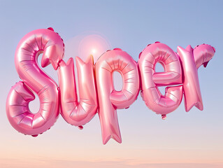 pink ballons form the word SUPER, backlight scene