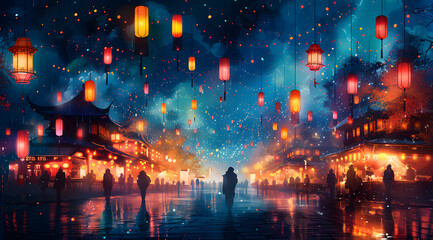 Fototapeta na wymiar Twilight Marketplace: Enchanting Watercolor Scene Illuminated by Fairy Light Spectacle