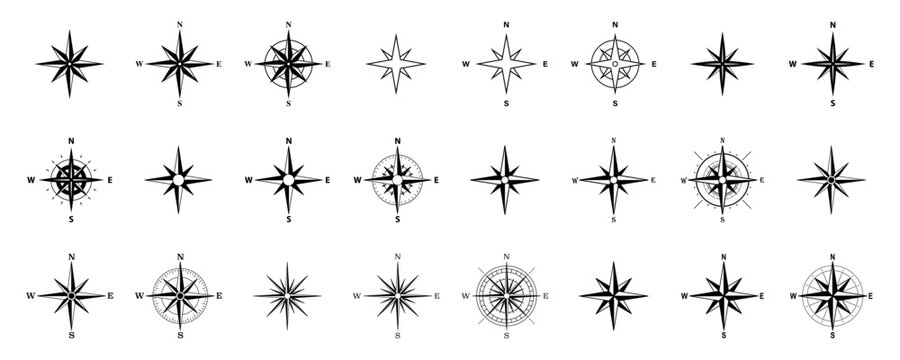 Flat Vector Black Monochrome Wind Rose Symbol, Compass Icon, Design Element Set, Isolated