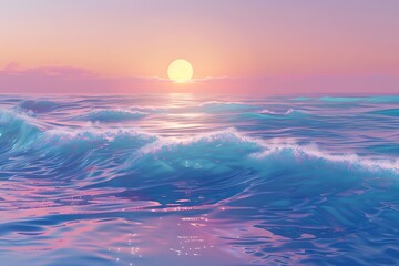 : A 3D vector depiction of a tranquil ocean, with waves gently lapping against the shore under a pastel-colored sunset. - obrazy, fototapety, plakaty