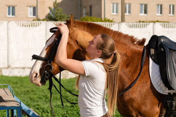 Equestrian adjusting bridle on horse