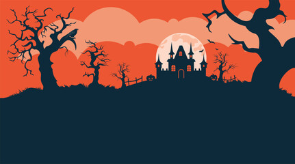 Halloween pumpkins and house. Spooky trees and house silhouettes, Halloween pumpkins illustration - 790546497