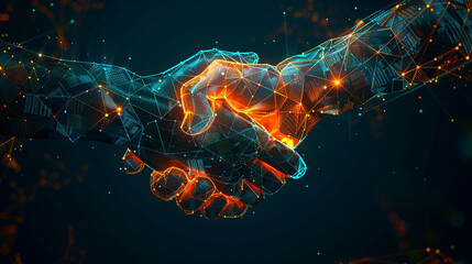 Visualization of a high-tech digital handshake, symbolizing the connection and agreement in the virtual space of blockchain and cybersecurity. - obrazy, fototapety, plakaty