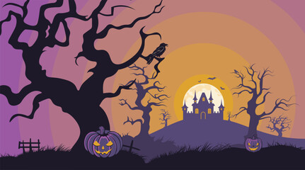 Halloween pumpkins and house. Spooky trees and house silhouettes, Halloween pumpkins illustration