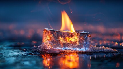 A large flame encased in a block of ice, representing the paradox of using highenergy processes in petrochemical production that contribute to global warming, yet are essential to current energy needs