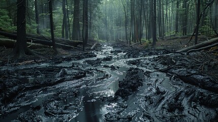 A large ink spill spreading over a forest floor, slowly turning the area dark This metaphorically depicts pollution issues related to paper production processes and their impact on natural habitats - obrazy, fototapety, plakaty