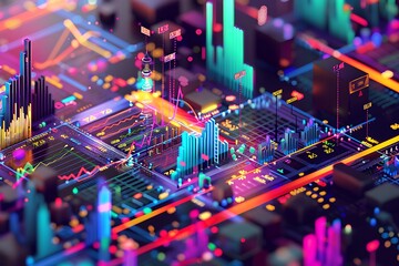 Fototapeta na wymiar : A 3D vector illustration of a bustling stock market, with dynamic graphs and charts in vibrant colors.