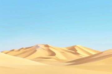 : A 3D vector portrayal of a peaceful desert, with the golden sand dunes under the clear blue sky creating a calming atmosphere.