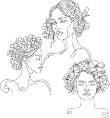 Line art woman with flowers on head. Floral feminine Illustration line drawing. Woman portrait with flowers on the head, line art style - 790546837