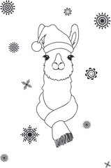 Llama in hat and scarf line art. Cute llama wear hat and scarf, decorative snowflakes illustration.