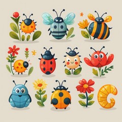 A charming collection of cartoon insects, including ladybugs and bees, paired with vibrant illustrated flowers, perfect for children's educational material.