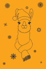 Llama in hat and scarf line art. Cute llama wear hat and scarf, decorative snowflakes illustration.