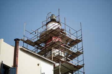 Scaffolding surrounds the Jaffa Light, a nineteenth century lighthouse in Yafo (Jaffa), Israel.
