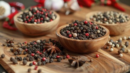 Pepper and star anise grains combined on a wooden countertop - obrazy, fototapety, plakaty