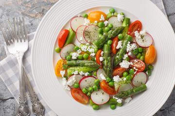 Dietary vitamin salad of asparagus, radishes, cherry tomatoes, green peas and goat cheese close-up in a plate on the table. Horizontal top view from above