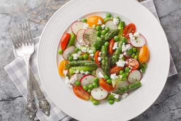 Vegetable salad of asparagus, fresh radishes, cherry tomatoes, green peas and goat cheese close-up...
