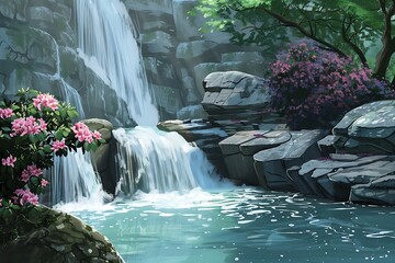 : A 3D vector portrayal of a tranquil waterfall, with the water cascading down the rocks, creating a soothing and calming scene. - obrazy, fototapety, plakaty