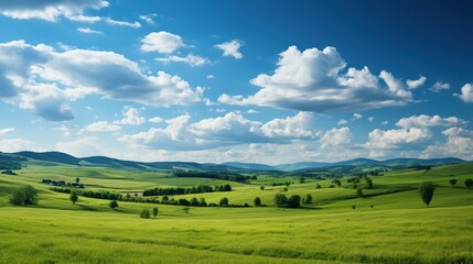 Fototapeta na wymiar Beautiful panoramic view of green meadow and mountains.