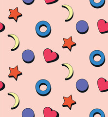 Pattern with heart star and circle. Crescent moon, circle, star and heart seamless pattern, neo brutalism style shapes.