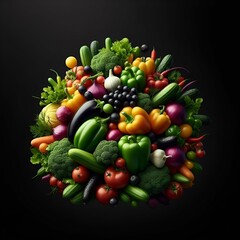 A large pile of assorted vegetables on a black surface with a dark background