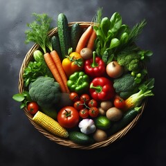 A top view basket of vegetables on a black surface with a dark background