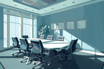 : A 3D vector representation of a virtual meeting room, with a professional and inviting atmosphere.