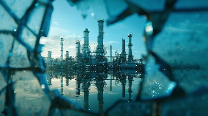 A petrochemical refinery shown in fragmented pieces like a broken mirror, symbolizing the industrys vulnerability to market fluctuations and geopolitical tensions that can fracture supply chains