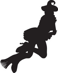 Witch on broom silhouette. Detailed silhouette of with woman flying on broom illustration.