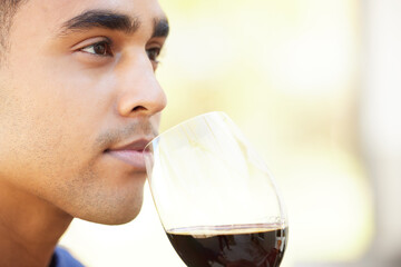 Glass, smell and aroma with man for wine tasting, appreciate and farm and thinking of taste....