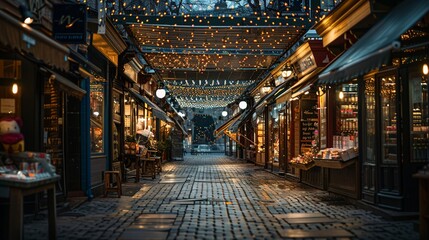 Fototapeta premium A row of empty market stalls under a dimly lit canopy, symbolizing a lack of demand or the failure of businesses to attract customers