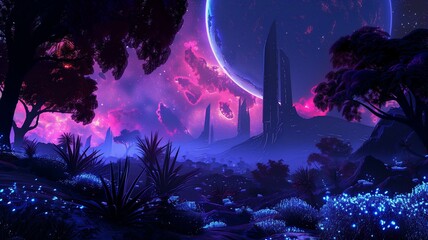As night falls on this futuristic space planet, the landscape transforms into a symphony of light and color. 

