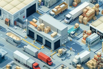 : A 3D vector representation of a logistics hub, with packages being sorted and dispatched efficiently.