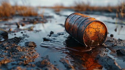 A single rusty oil barrel tipped over with a dark, viscous liquid slowly leaking into the surrounding ground, representing environmental pollution and the consequences of oil spills