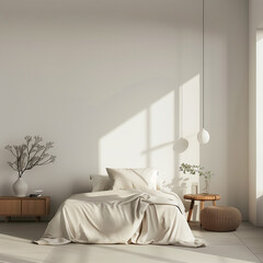 Fototapeta na wymiar A minimalist designed bedroom, shot in the middle of the day with a commercial vision 