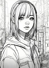 sketch of an emo girl's face in an anime-inspired artwork - obrazy, fototapety, plakaty
