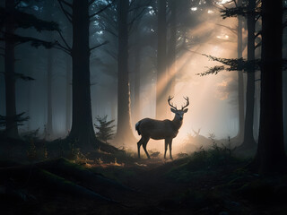 a deer in the woods with the sun shining through the trees