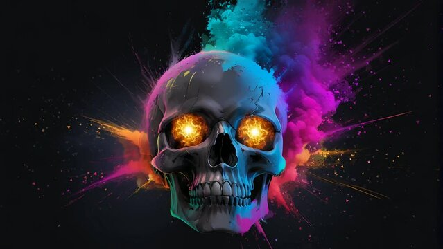 skull with colorful powder explosion background, seamless Animation video background in 4K Resolution