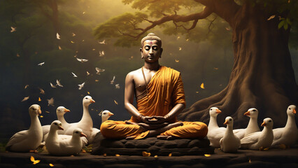 statue of buddha under a tree - obrazy, fototapety, plakaty