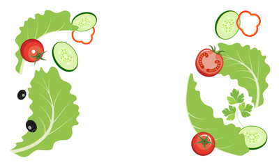 Lettuce salad. Background. Iceberg lettuce, cherry tomatoes, slices of cucumber, sweet pepper, olives, parsley sprig. Healthy eating. Organic food. Flat design.