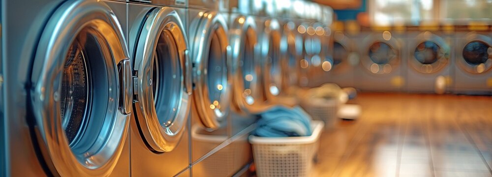 Public laundromat with a row of industrial laundry machines and baskets of clothing