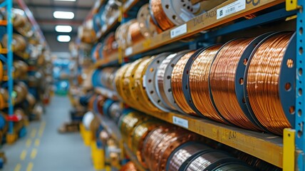 Shiny windings of copper cable at the manufacturing plant warehouse - obrazy, fototapety, plakaty