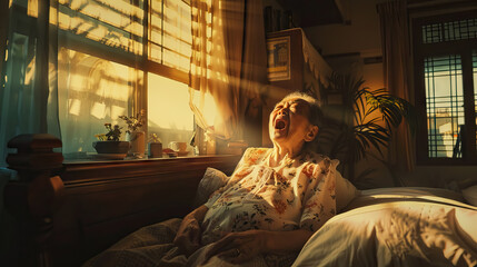 old east asian woman yawns, subtle warmth of morning sunlight streaming in through a bedroom window.