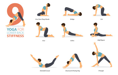 9 Yoga poses or asana posture for workout in back stiffness concept. Women exercising for body stretching. Fitness infographic. Flat cartoon.