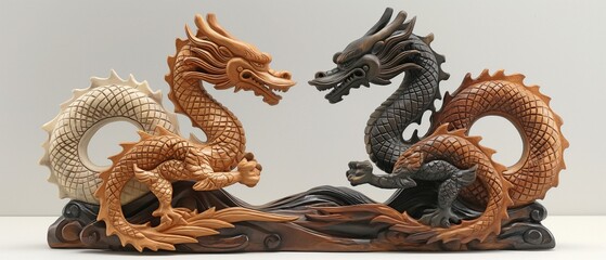 Fototapeta premium Chinese dragon statue in yin and yang wood with jade