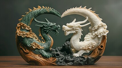 Chinese dragon statue in yin and yang wood with jade