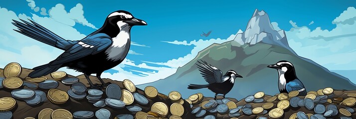 A flock of magpies, known for their thievery, attempted to steal a mans bitcoin wallet, only to discover it was password protected and filled with nothing but digital birdseed tokens - obrazy, fototapety, plakaty