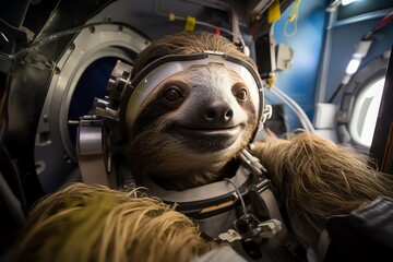 Naklejka premium A genetically modified sloth, chosen for its chilled demeanor, became the first mammal to embark on a solo mission to a nearby exoplanet, equipped with a special algae garden for sustenance
