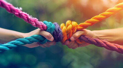 Team rope diverse strength connect partnership together teamwork unity communicate support. Strong diverse network rope team concept integrate braid color background cooperation empower power.